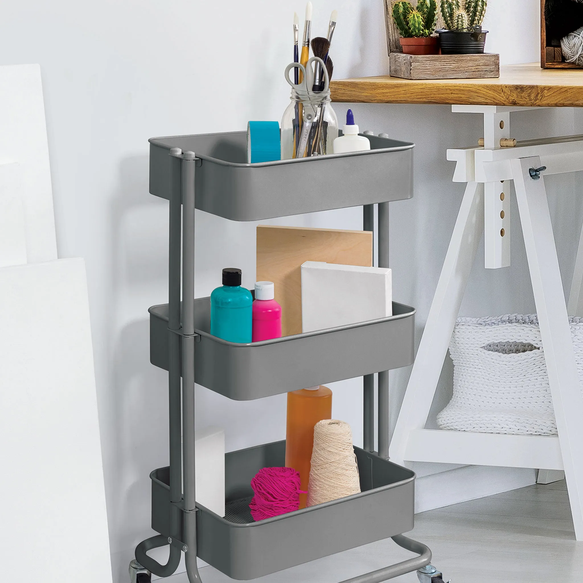 3-Tier Rolling Cart - Gray