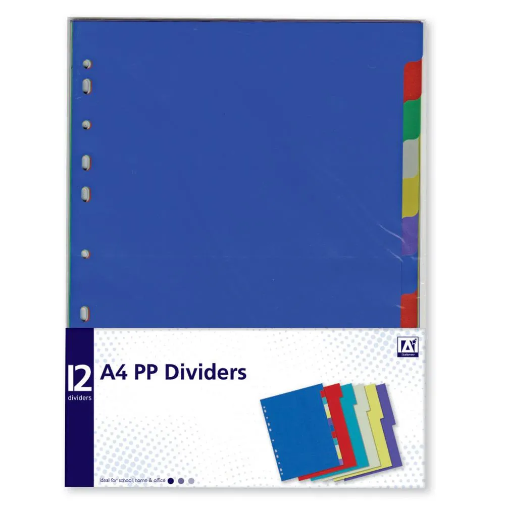 A4 PP Dividers - 12 Pack Durable Plastic Organisers Multi-Coloured Tabs Document Filing School Office Supplies