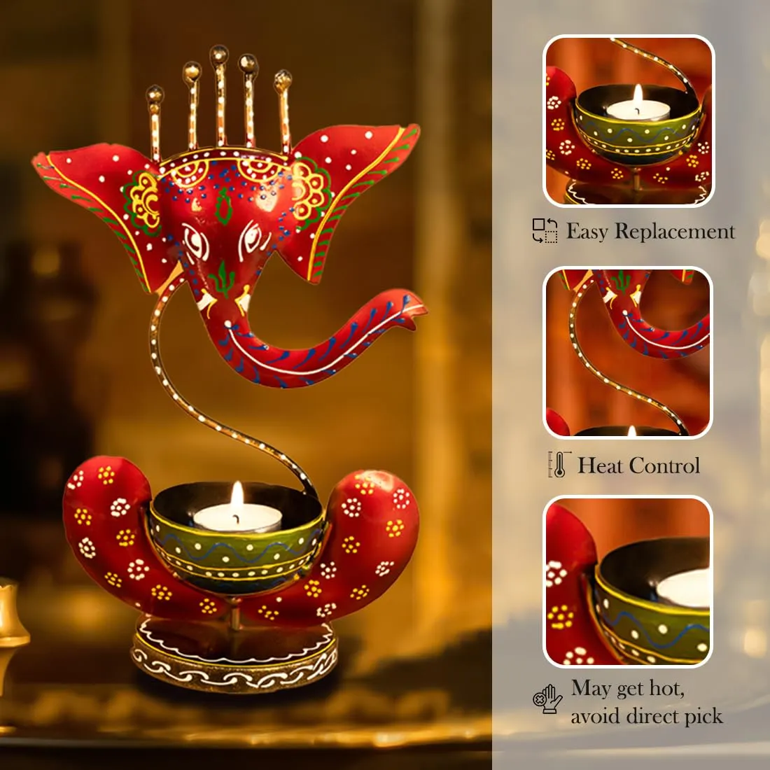 Ekhasa Handpainted Ganesha Metal Tealight Candle Holder for Home Decor | Perfect Candle Stand for Diwali Decoration and Table Décor | Festival & Parties Decorative Candles Gift Items (Set of 2).