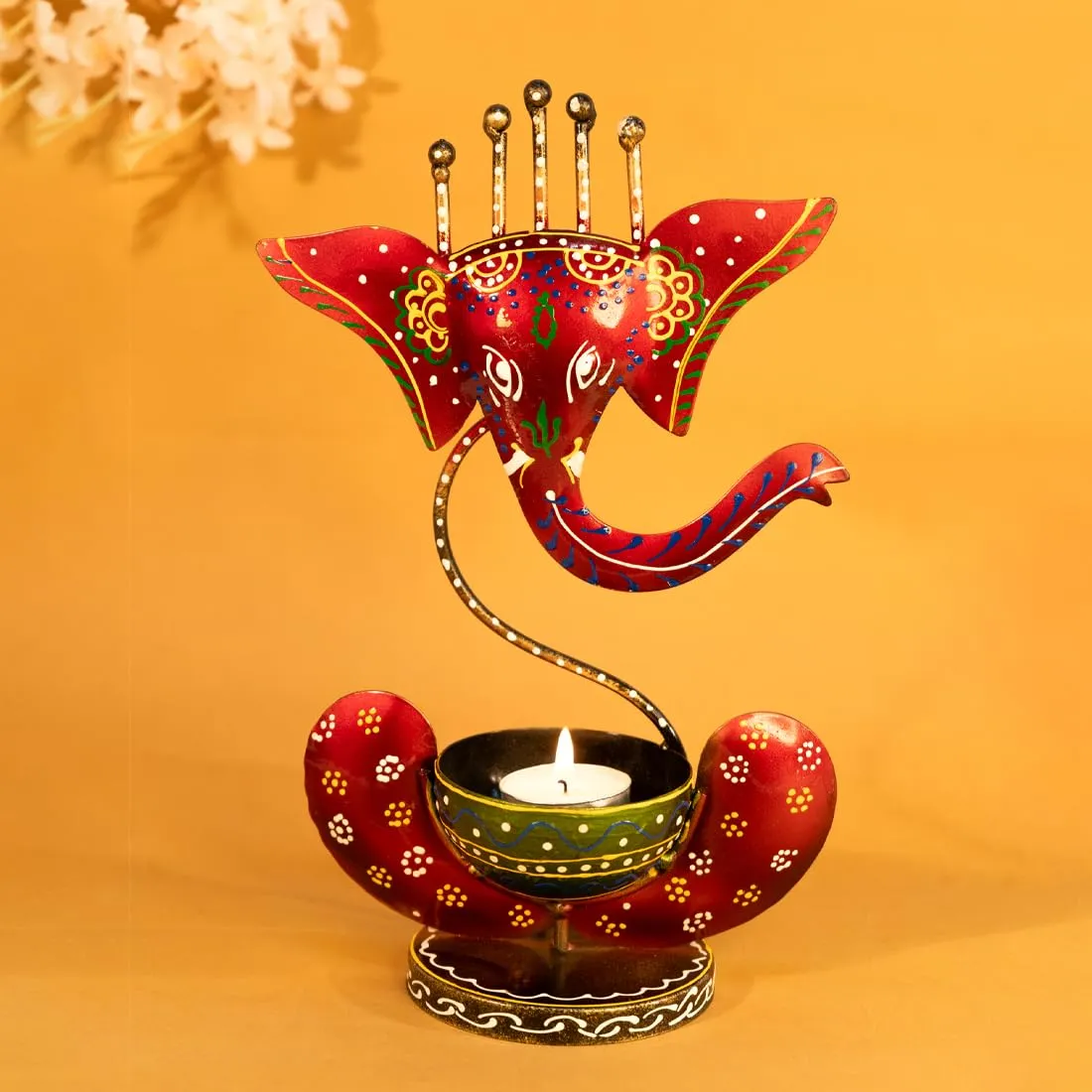 Ekhasa Handpainted Ganesha Metal Tealight Candle Holder for Home Decor | Perfect Candle Stand for Diwali Decoration and Table Decor | Festival & Parties Decorative Candles Gift Items