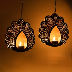 Ekhasa Hanging Tealight Candle Holder for Home Decor | Perfect Candle Holder for Wall Hanging Decor | Indoor & Outdoor, Festival Decorative Candles Gift Items (Set of 2) (Black Peacock)