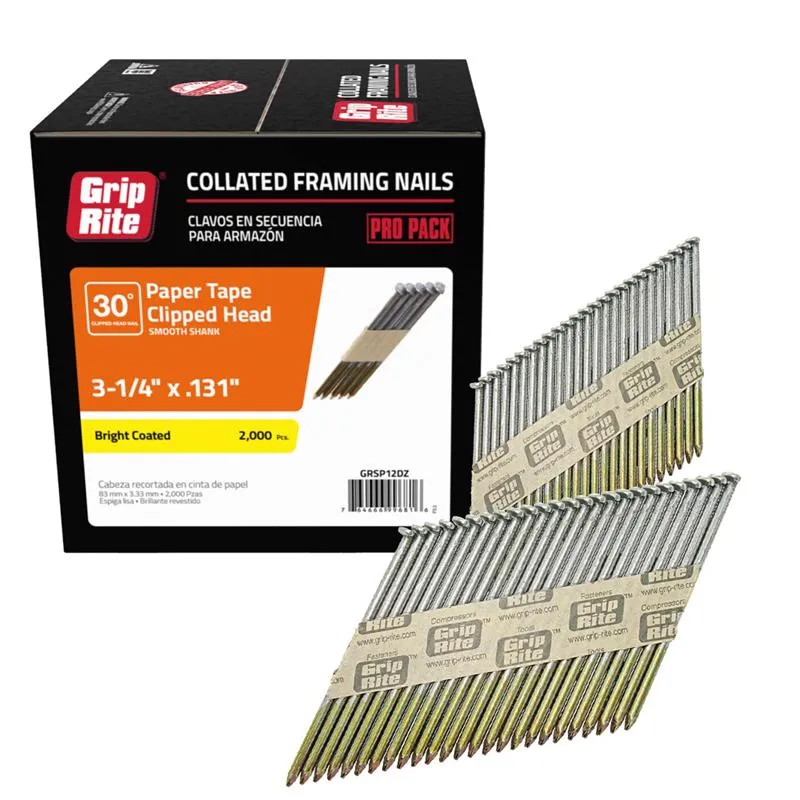 Grip-Rite 3-1/4 in. L X 11 Ga. Angled Strip Bright Framing Nails 30 deg 2000 pk