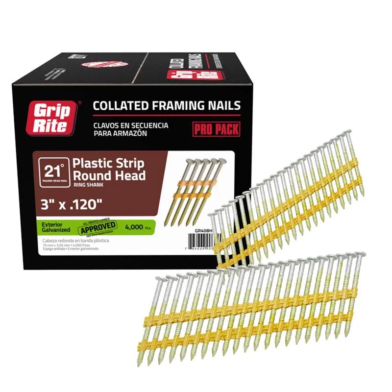 Grip-Rite 3 in. L X 11 Ga. Angled Strip Hot-Dip Galvanized Framing Nails 21 deg 4000 pk