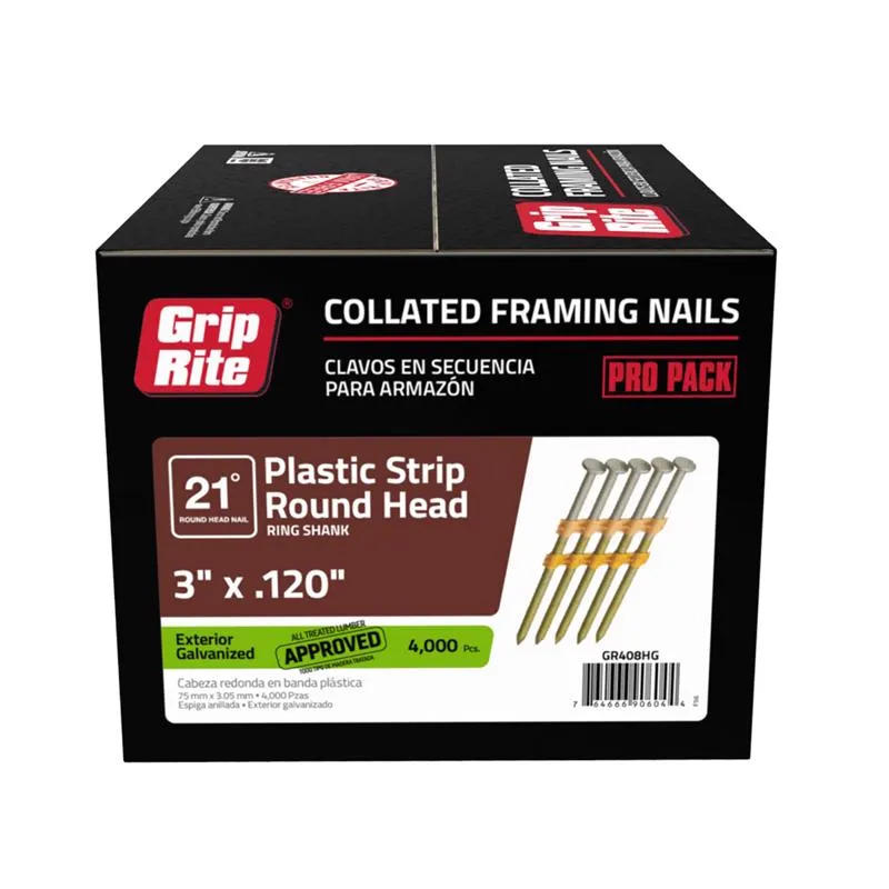 Grip-Rite 3 in. L X 11 Ga. Angled Strip Hot-Dip Galvanized Framing Nails 21 deg 4000 pk