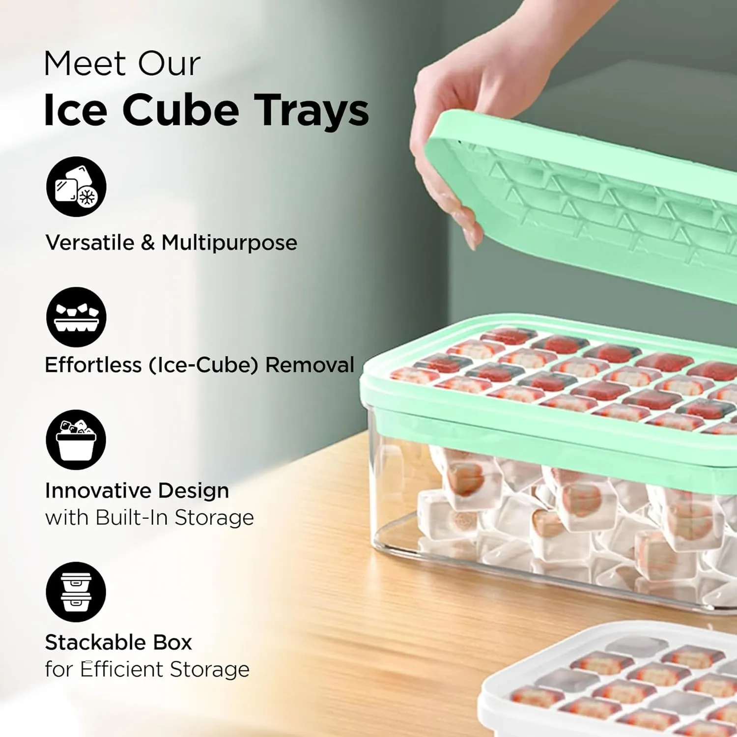 Homestic 2 Layer Ice Cube Trays with Storage Box & Ice Scoop | 56 Compartments | One Press Demolding | Ice Cubes for Whiskey Cocktails Mocktails Soft Drinks | BPA Free | Aqua