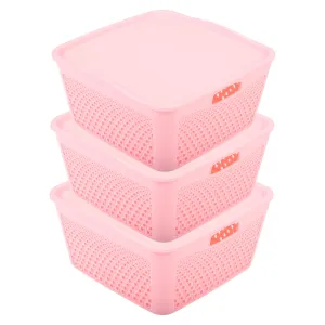 Kuber Industries Netted Design Unbreakable Multipurpose Square Shape Plastic Storage Baskets with lid Small Pack of 3 (Pink)