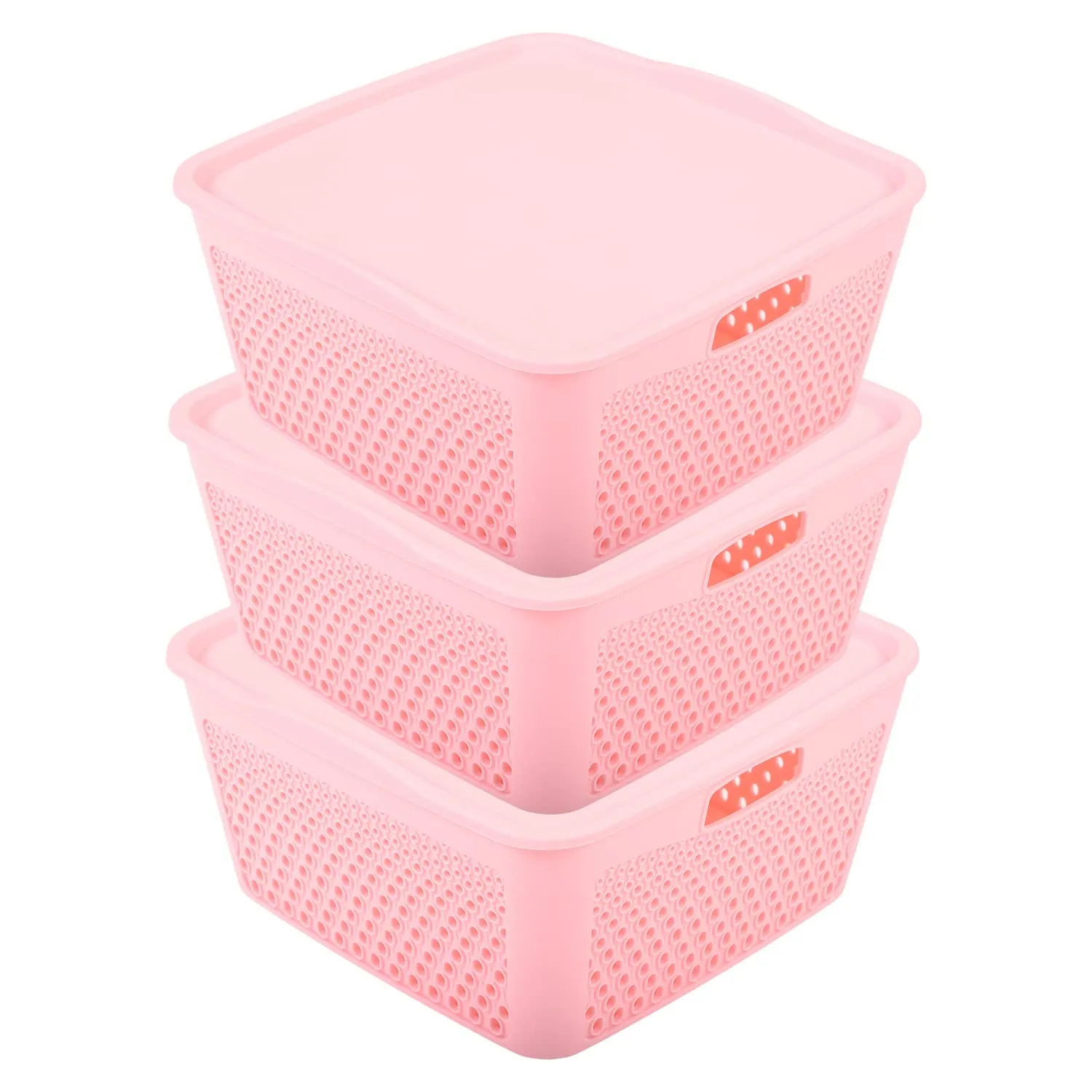 Kuber Industries Netted Design Unbreakable Multipurpose Square Shape Plastic Storage Baskets with lid Small Pack of 3 (Pink)