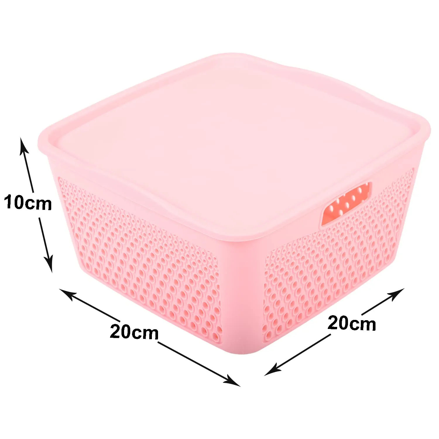 Kuber Industries Netted Design Unbreakable Multipurpose Square Shape Plastic Storage Baskets with lid Small Pack of 3 (Pink)