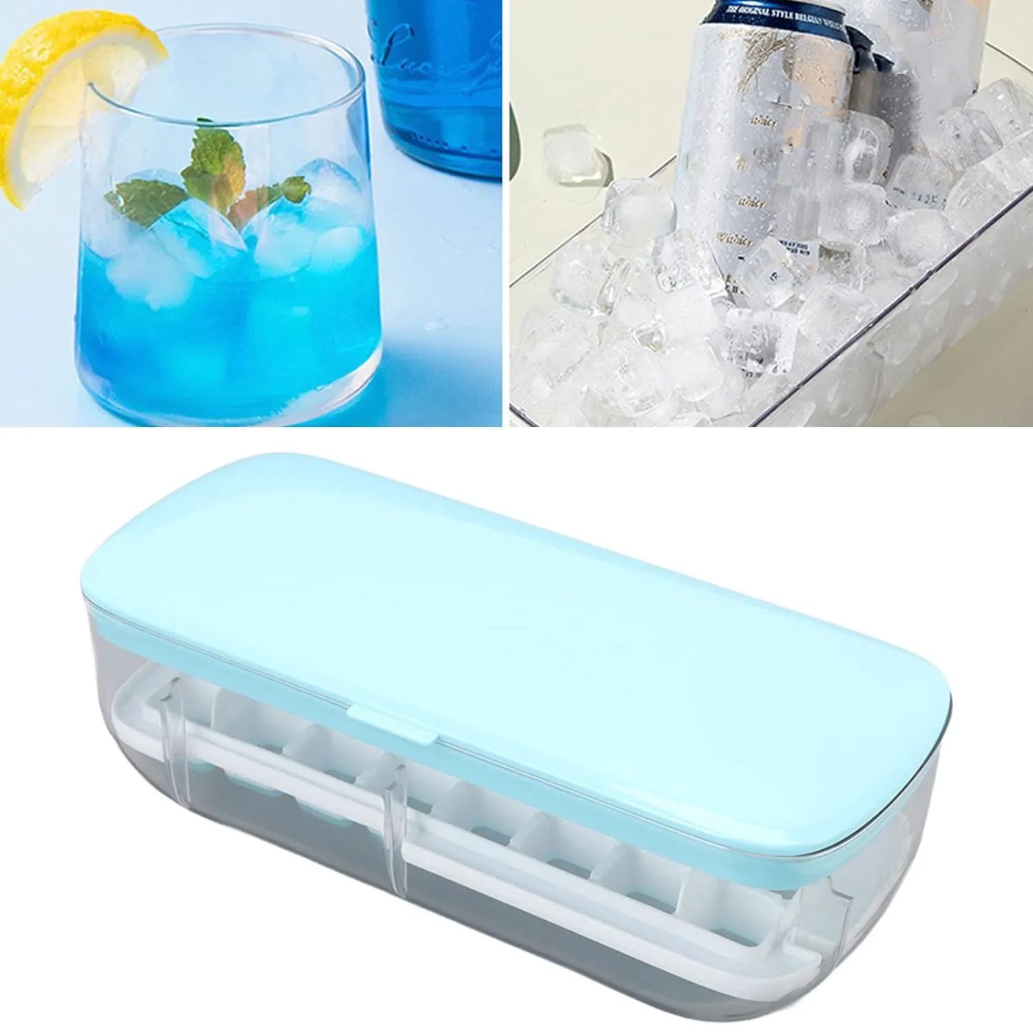 Kuber Industries Pack of 5 Ice Cube Tray with Lid | Ice Cube Storage Box with Ice Scoop | 24 Ice Cube Molds for Freezing | One-Press Demolding | BPA Free | Blue