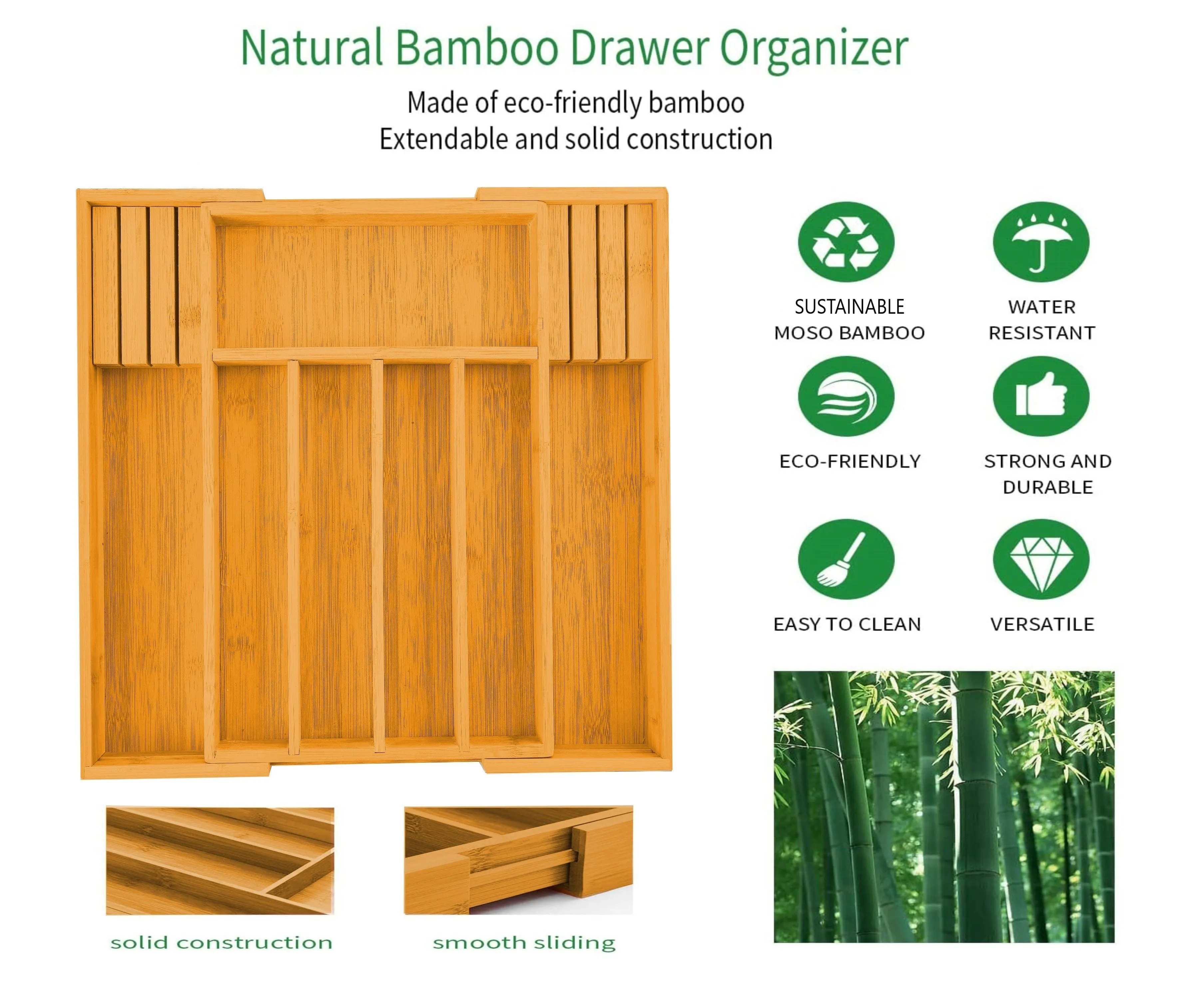 Large Bamboo Expandable Drawer Organizer 2 Pack