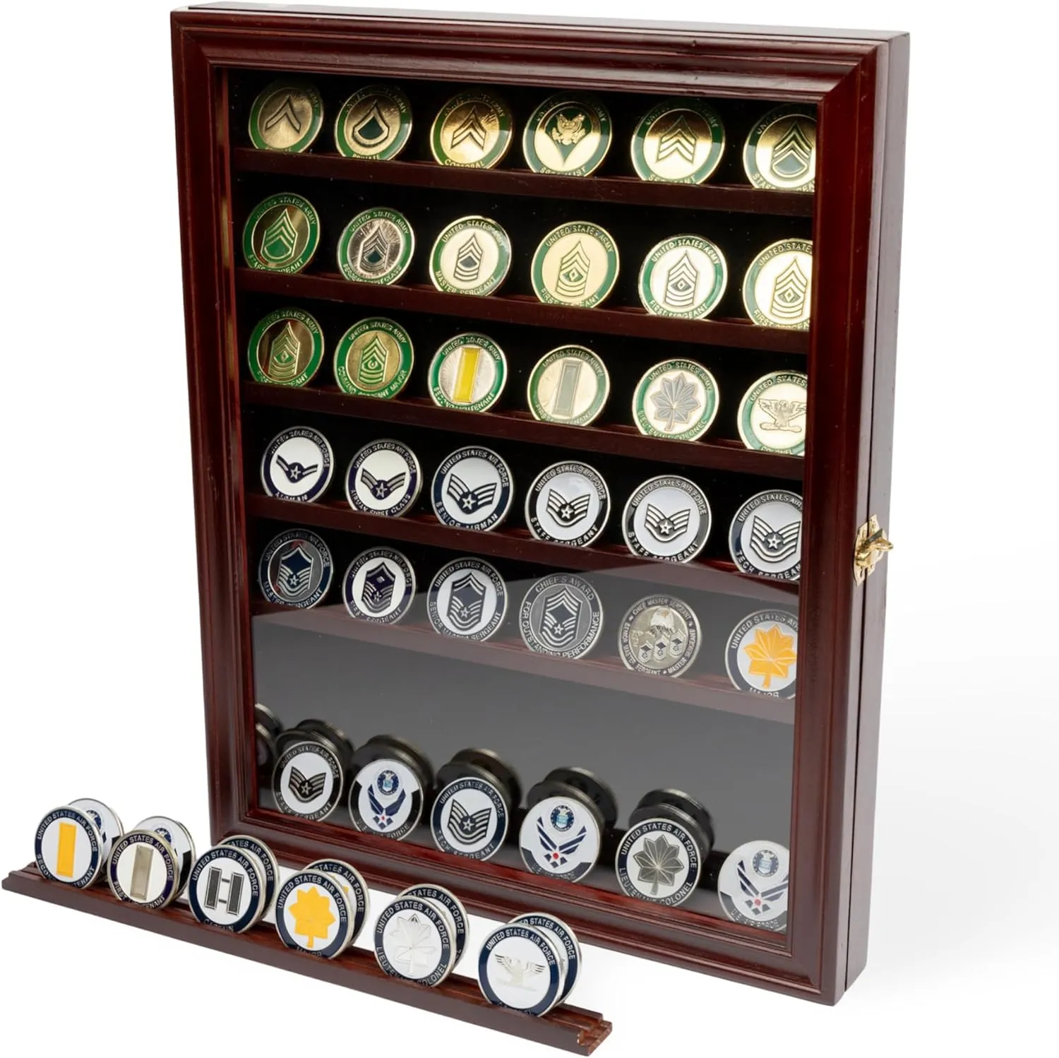 Military Challenge Coin Holder Cabinet with Lockable Glass Door - Holds 56 Coins