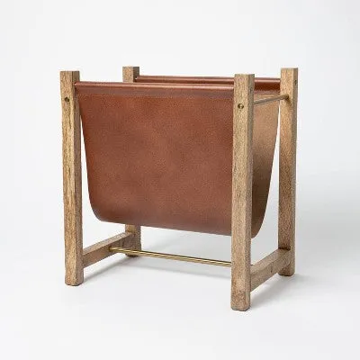 New - Wood and Leather Magazine Holder Natural - Threshold designed with Studio McGee