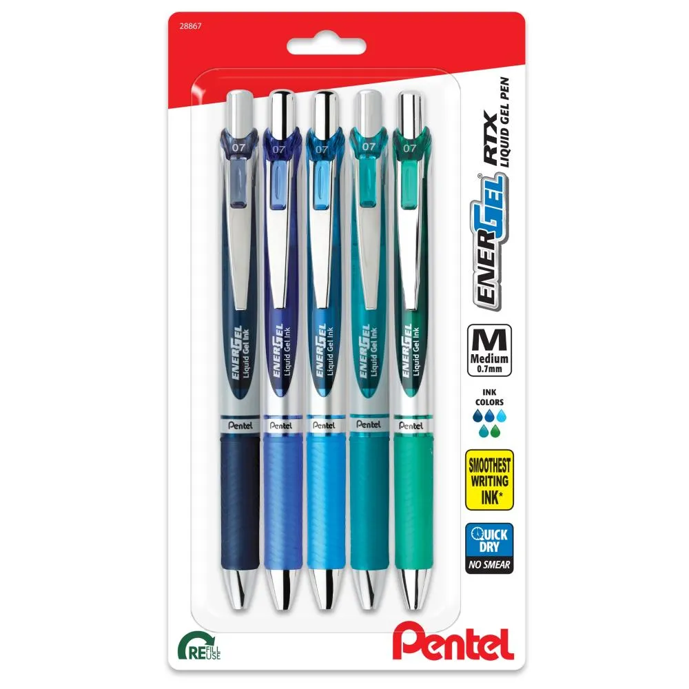 Pentel EnerGel RTX Retractable Liquid Gel Pens 0.7mm 5/Pkg - Chill Expressions