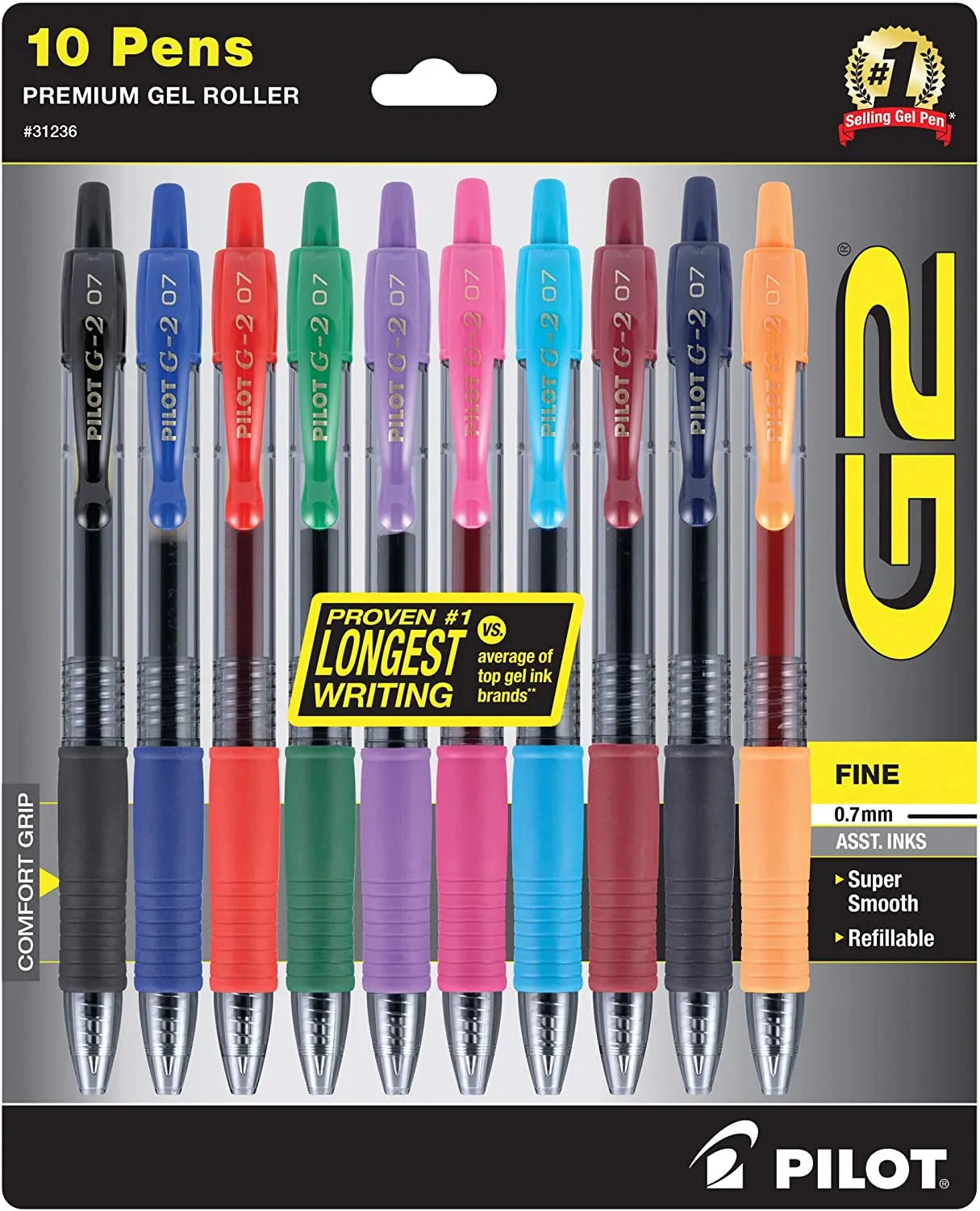 PILOT G2 Premium Refillable & Retractable Rolling Ball Gel Pens, Fine Point, Assorted Color Inks, 10-Pack (31236)