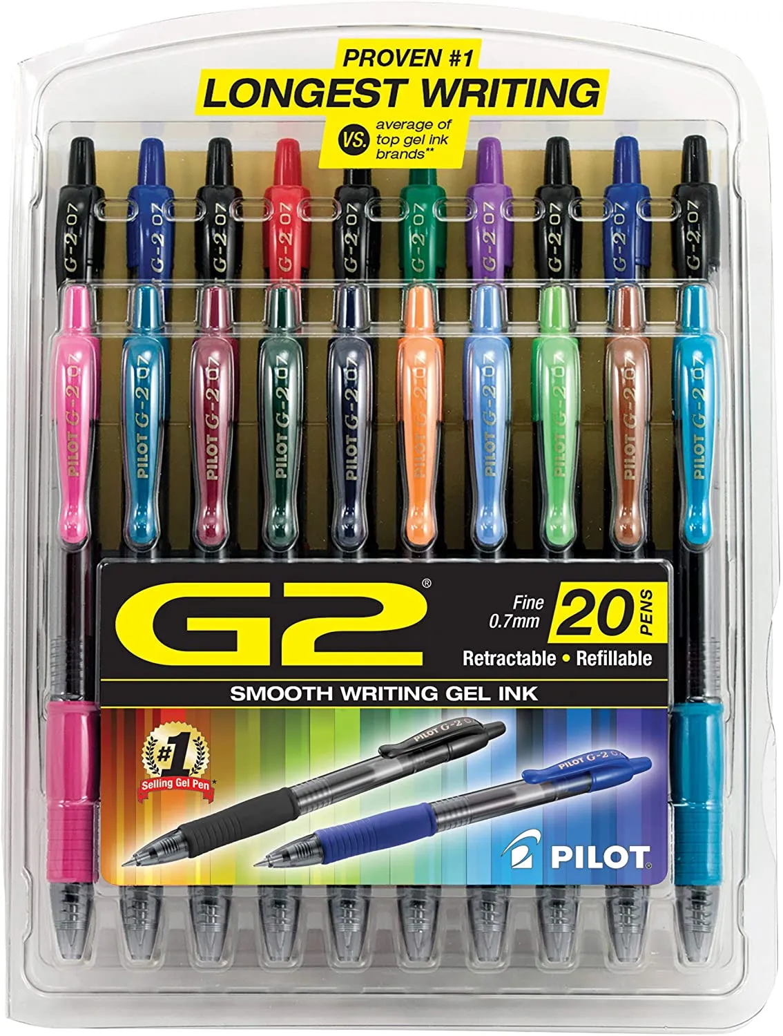 PILOT G2 Premium Refillable & Retractable Rolling Ball Gel Pens, Fine Point, Assorted Color Inks, 10-Pack (31236)