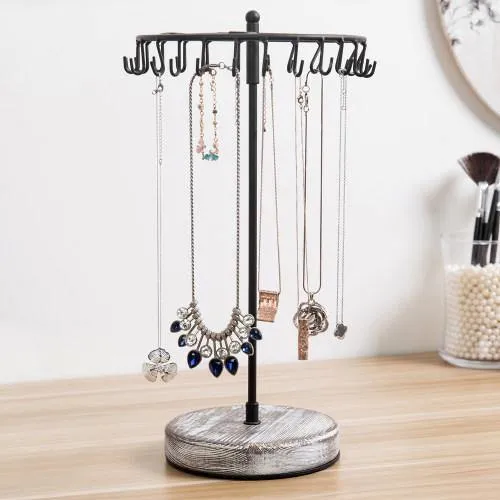 Rotating Black Metal Jewelry Organizer Tower with Torched Wood Base