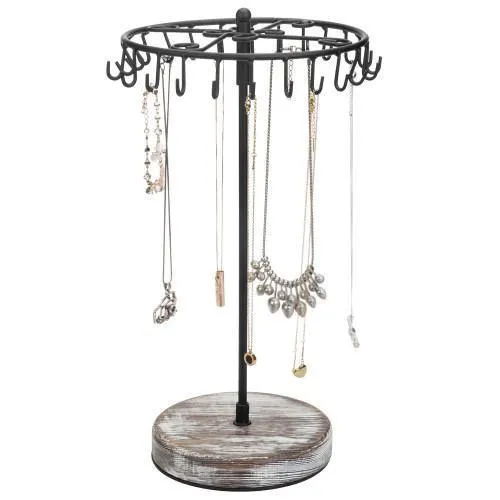 Rotating Black Metal Jewelry Organizer Tower with Torched Wood Base