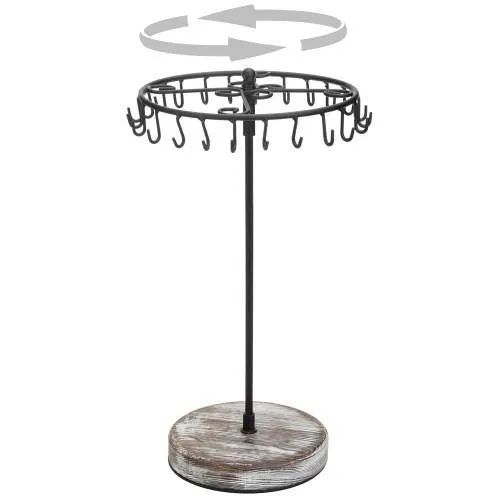 Rotating Black Metal Jewelry Organizer Tower with Torched Wood Base