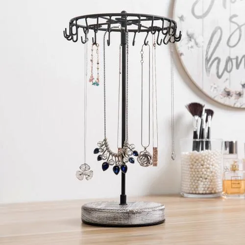 Rotating Black Metal Jewelry Organizer Tower with Torched Wood Base