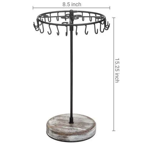 Rotating Black Metal Jewelry Organizer Tower with Torched Wood Base