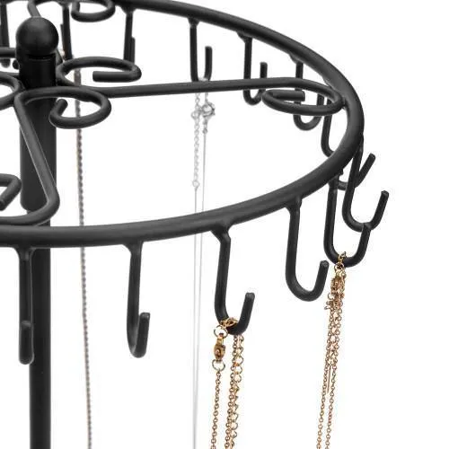 Rotating Black Metal Jewelry Organizer Tower with Torched Wood Base