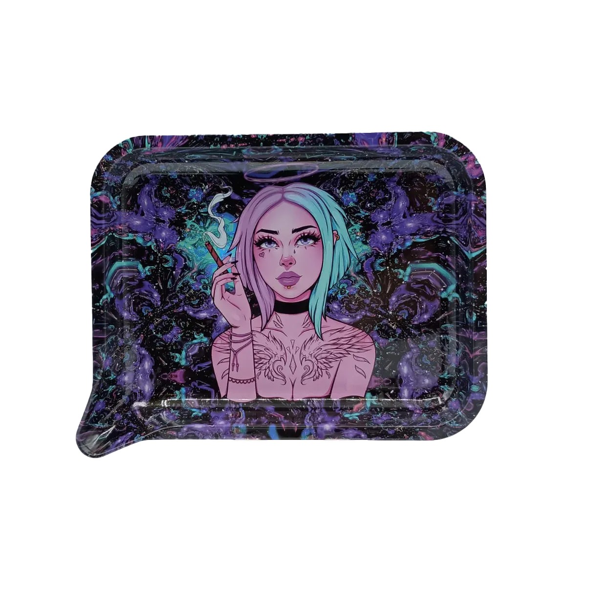 Small 3D Rolling Tray With Magnetic Lid Cover (Trippy Angel Smoking)