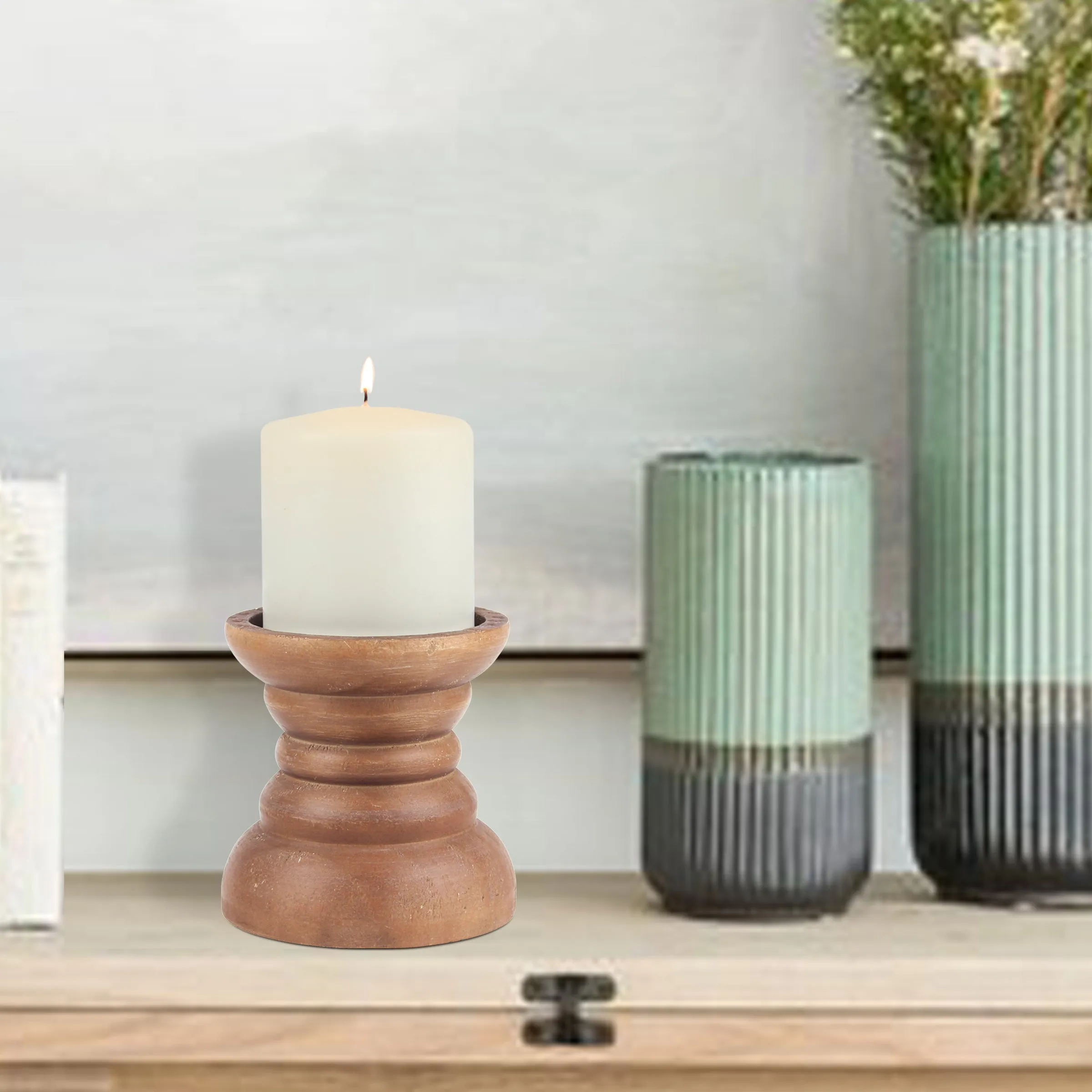 Small Decorative Natural Wood Pillar Candle Holder