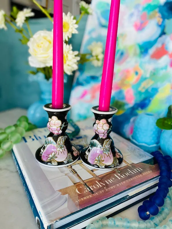 Vintage Ceramic Candleholders Short Black with Pink Fruit and Floral Design - Pair