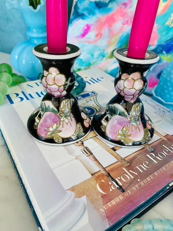 Vintage Ceramic Candleholders Short Black with Pink Fruit and Floral Design - Pair