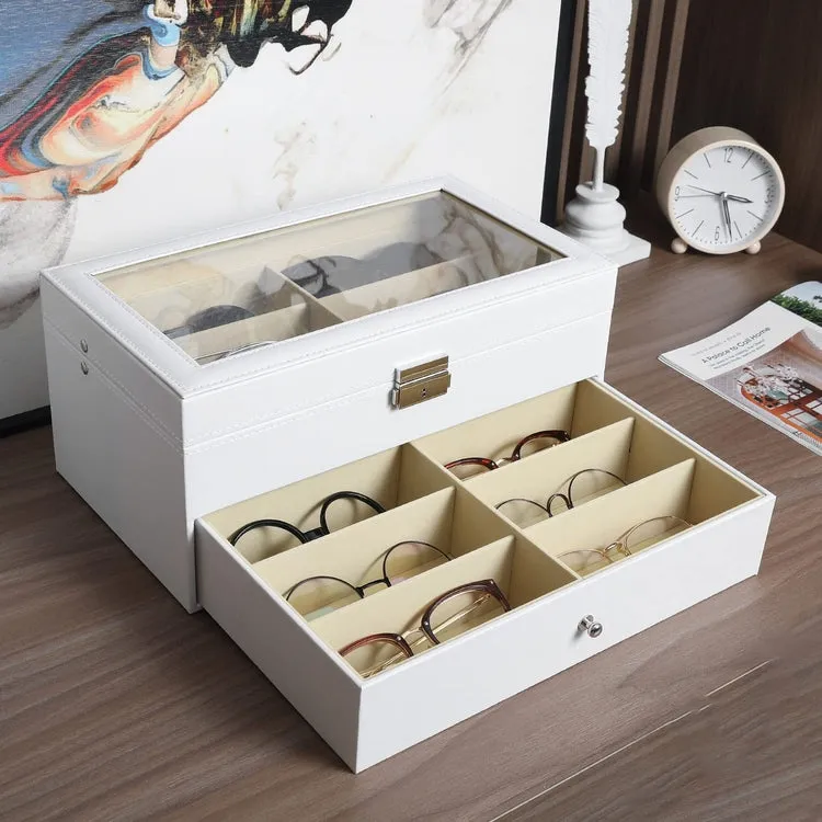 White 12-Compartment Sunglasses Case with Glass Lid and Leatherette Trim