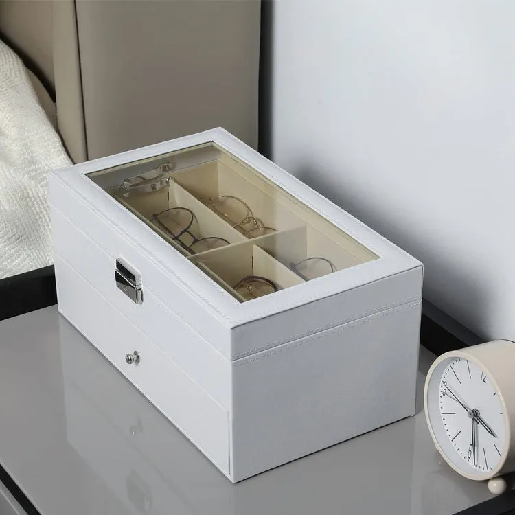 White 12-Compartment Sunglasses Case with Glass Lid and Leatherette Trim