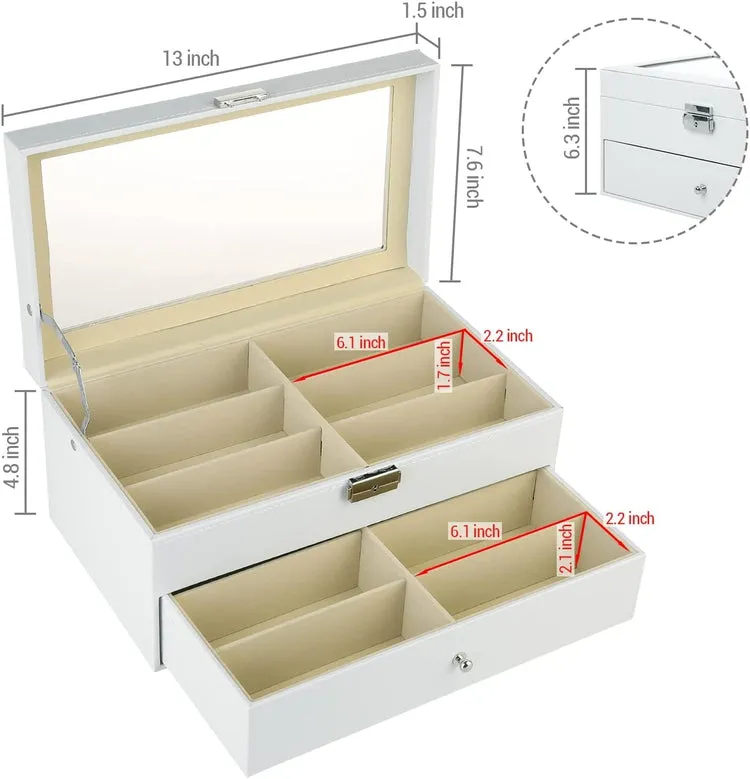 White 12-Compartment Sunglasses Case with Glass Lid and Leatherette Trim